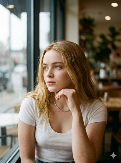 Golden-haired woman rests her chin by a rain-streaked cafe window
