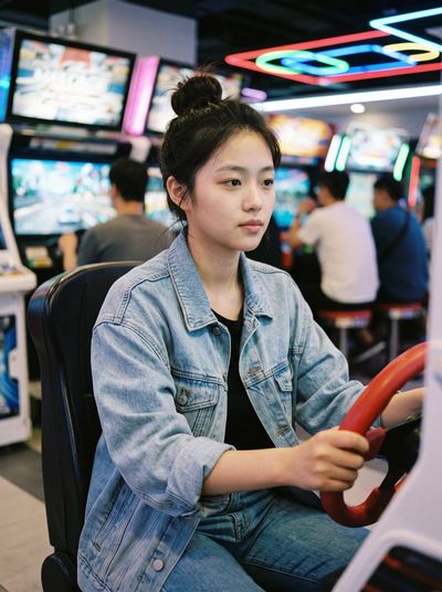 Young Woman Grips Red Wheel in Neon Arcade Racing Game