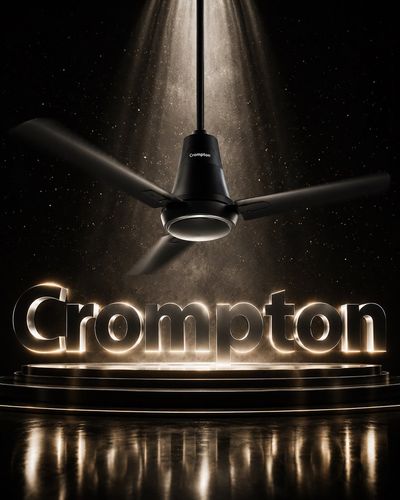Luxury ceiling fan descends from darkness into cinematic spotlight