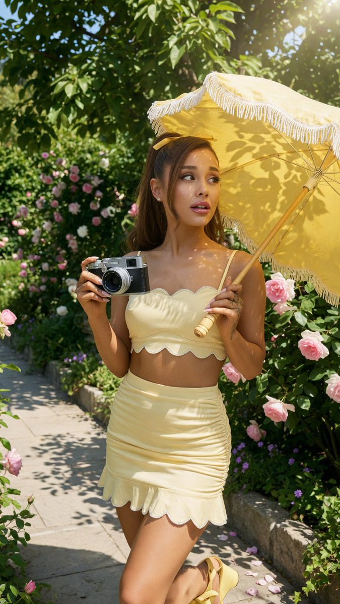 A woman in a yellow crop top holds a vintage camera in a garden
