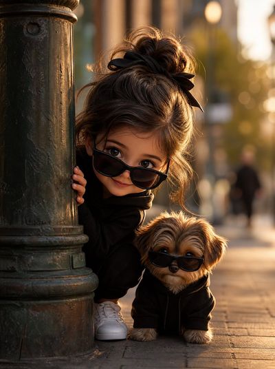 Curious Girl and Her Stylish Pet in a Whimsical Cityscape