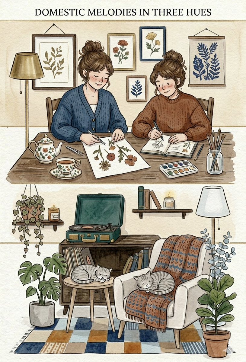 Two women enjoy tea and art in a cozy bohemian apartment.