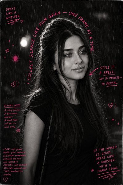 A mysterious figure stands in rain with neon pink annotations