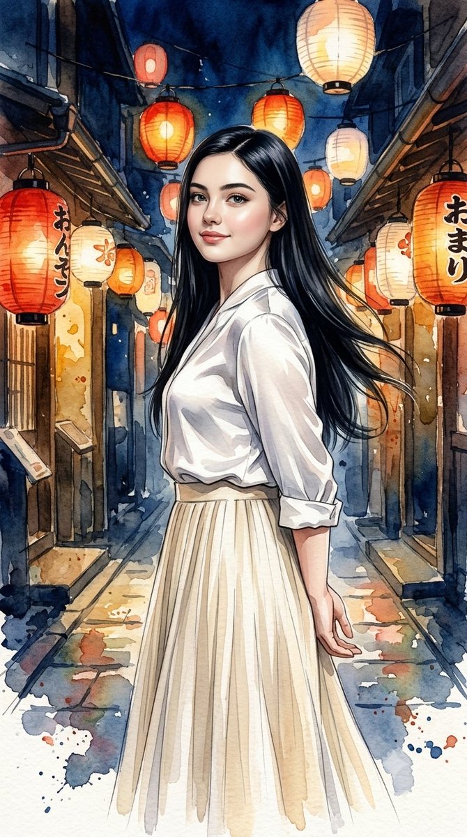 Young woman walks through lantern-lit Japanese alley at night