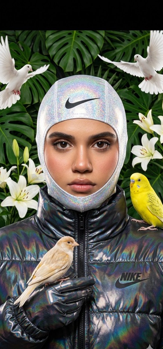 A person in holographic mask holds a bird amid tropical leaves