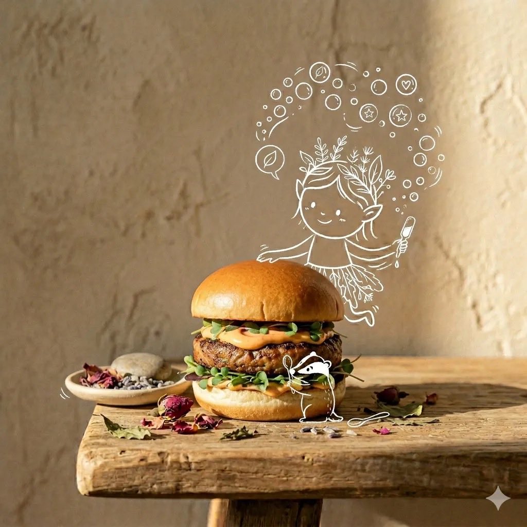 Gourmet burger sits on rustic wood with a fairy guardian