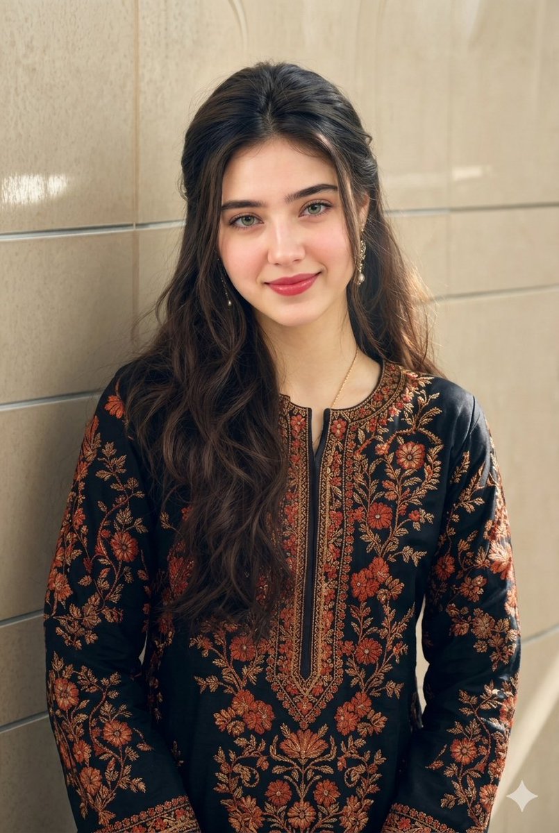 Young woman in embroidered dress smiles against beige tile wall