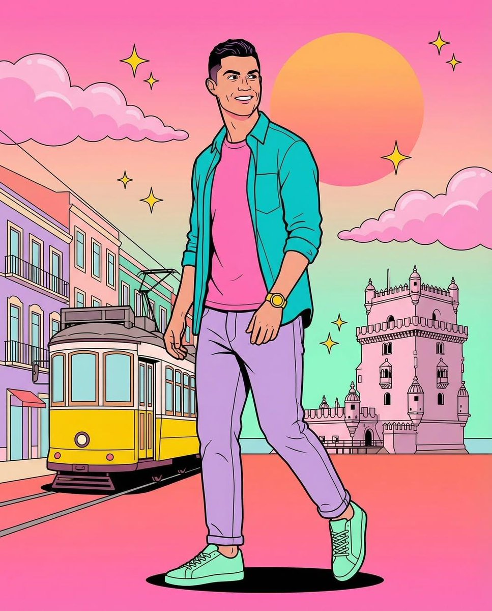 80s Pop-Art Portrait with Portugal’s Iconic Skyline in Neon Pastels