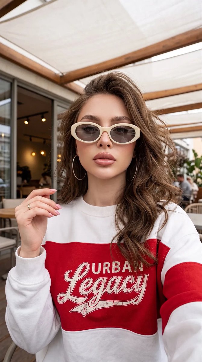 Woman in red sweatshirt gazes confidently through tinted sunglasses