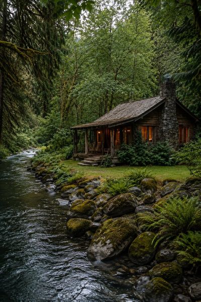 A rustic cabin glows warmly beside a crystal-clear forest river.