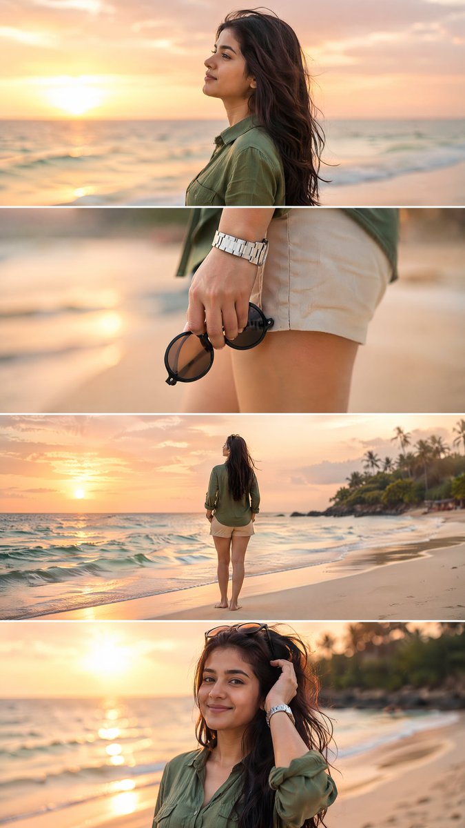 A woman in olive linen shirt poses at sunset beach