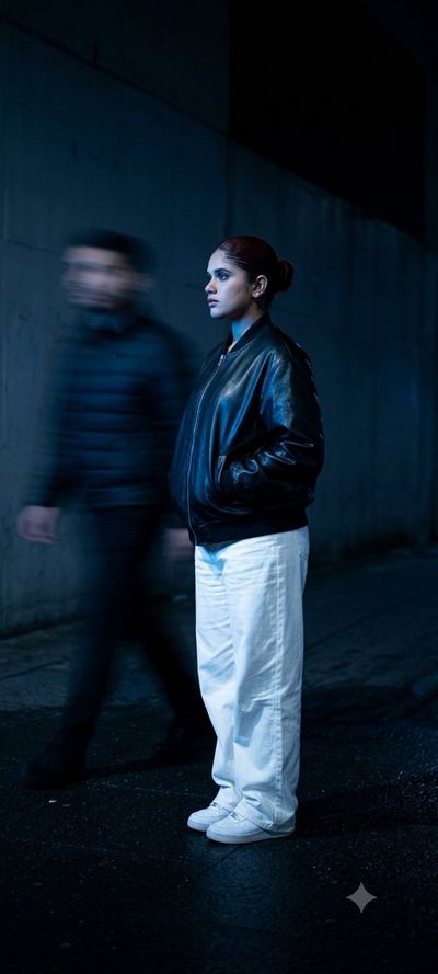 Young woman in leather jacket stares into cold blue night