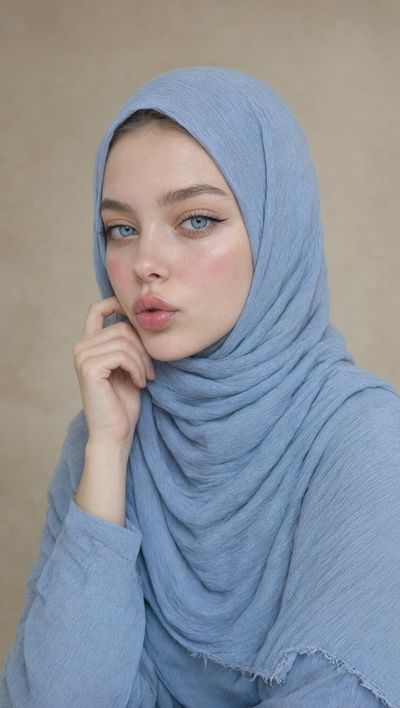 Ethereal young woman in periwinkle hijab touches cheek softly