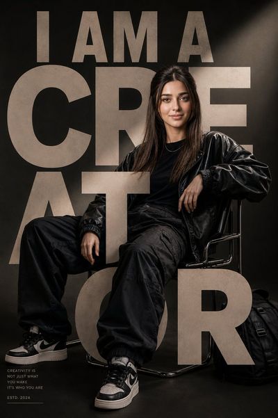 Young creator sits on chrome chair in luxury streetwear