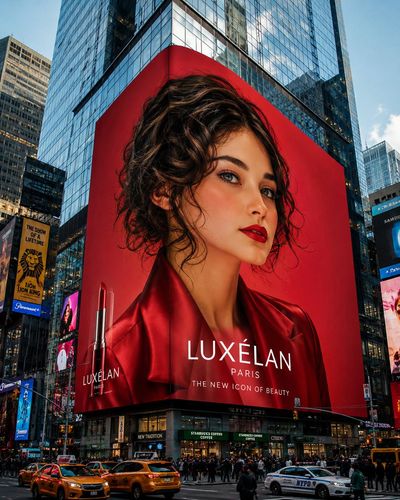 A luxury beauty campaign towers over Times Square on a digital billboard.