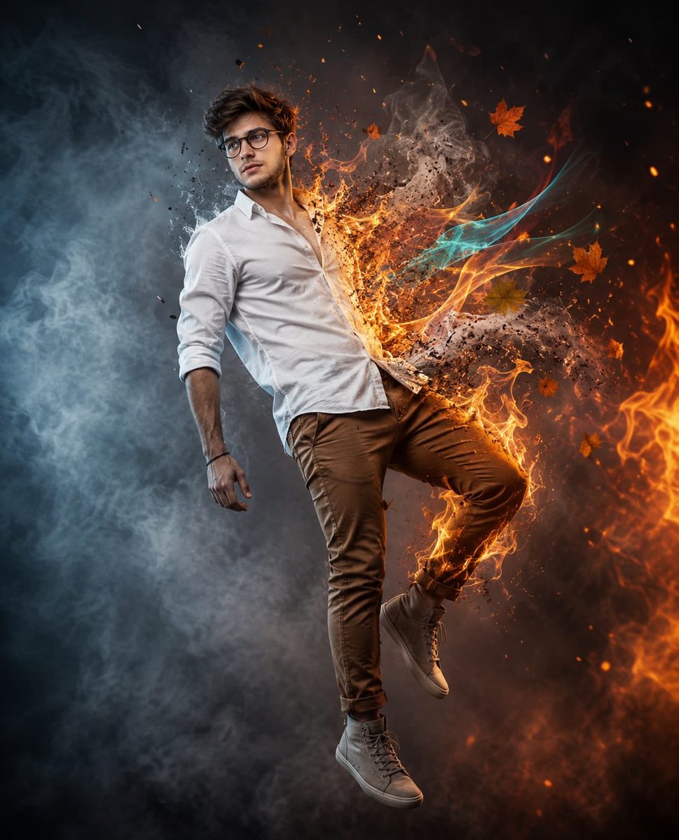 A stylish man floats midair while fire consumes his body
