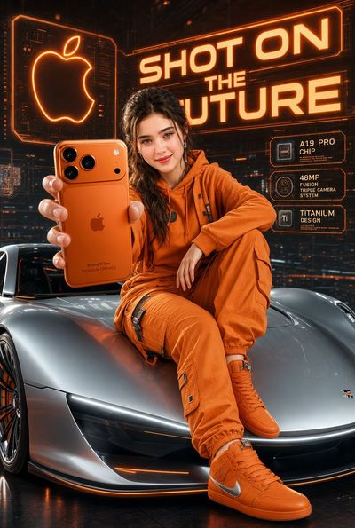 A smiling woman holds an orange iPhone in futuristic ad