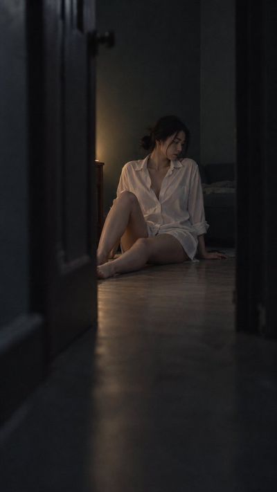Korean woman reclines on floor in low-light candid photograph