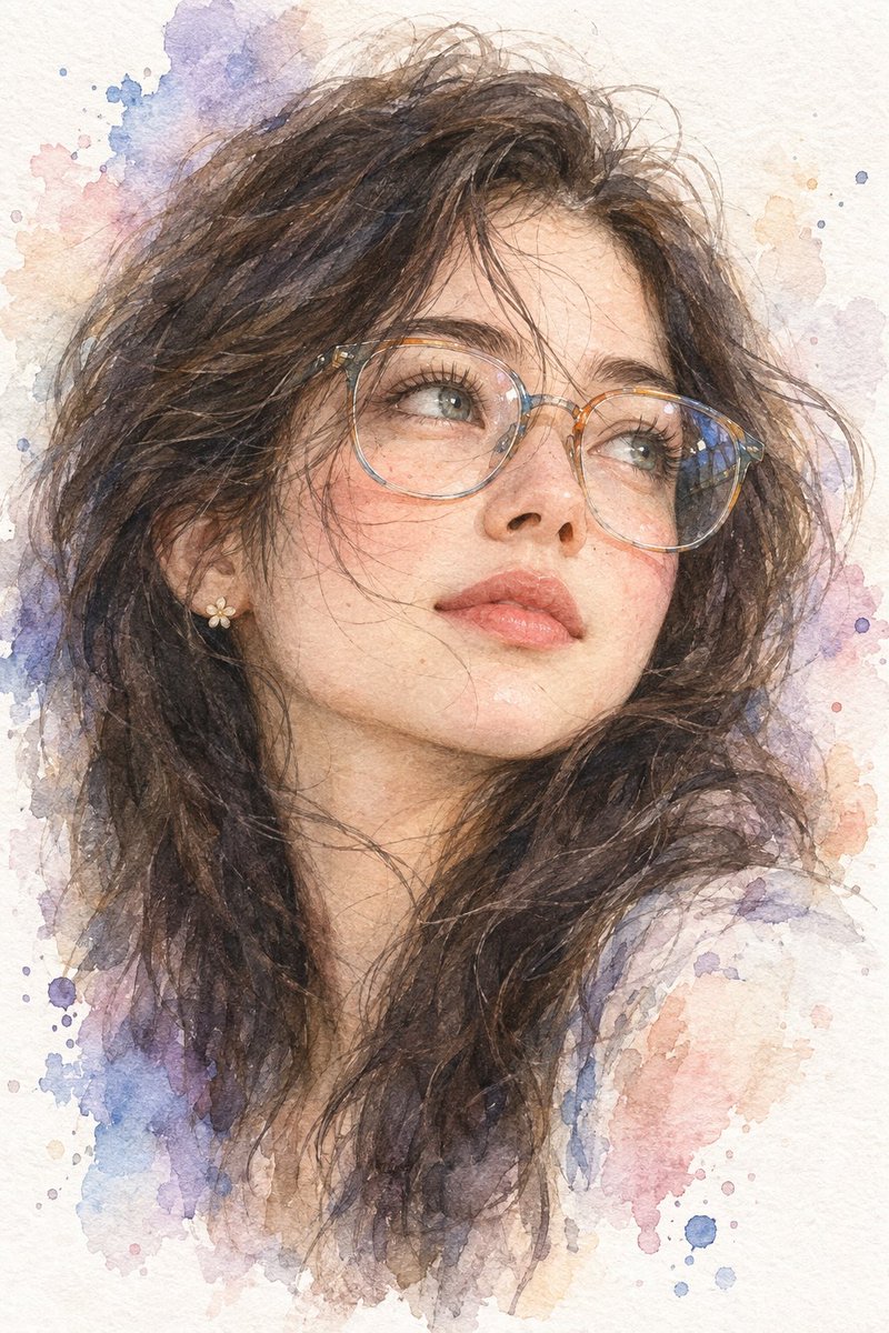 Soft watercolor portrait of a dreamy woman with messy hair