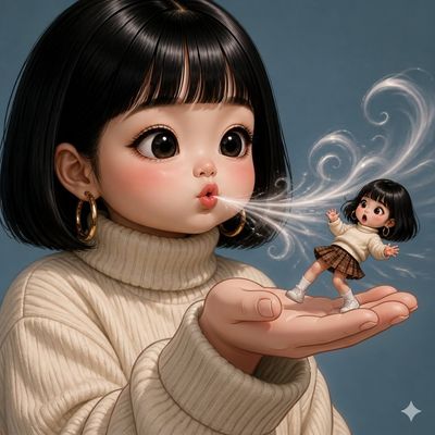 A gigantic toddler blows a tiny clone across her palm in a whimsical wind