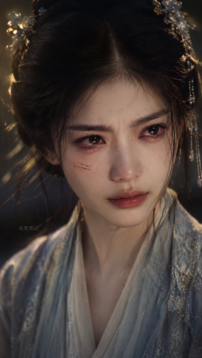 A stoic Chinese maiden's tearful eyes convey deep hatred.