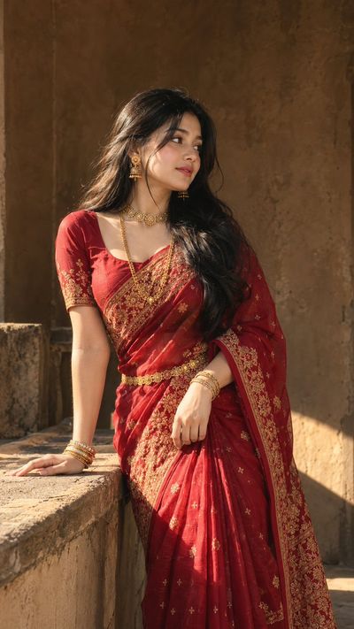 Sunlit Traditional Red Saree Portrait with Golden Embroidery and Jewelry