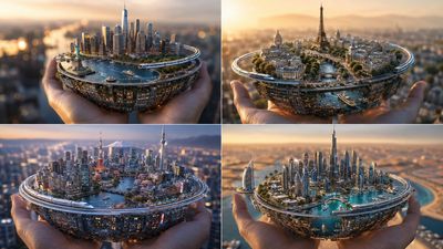 Four iconic city spheres float in a golden hour sky