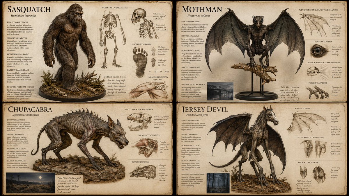 A winged cryptid specimen reveals layered musculature in sepia tones
