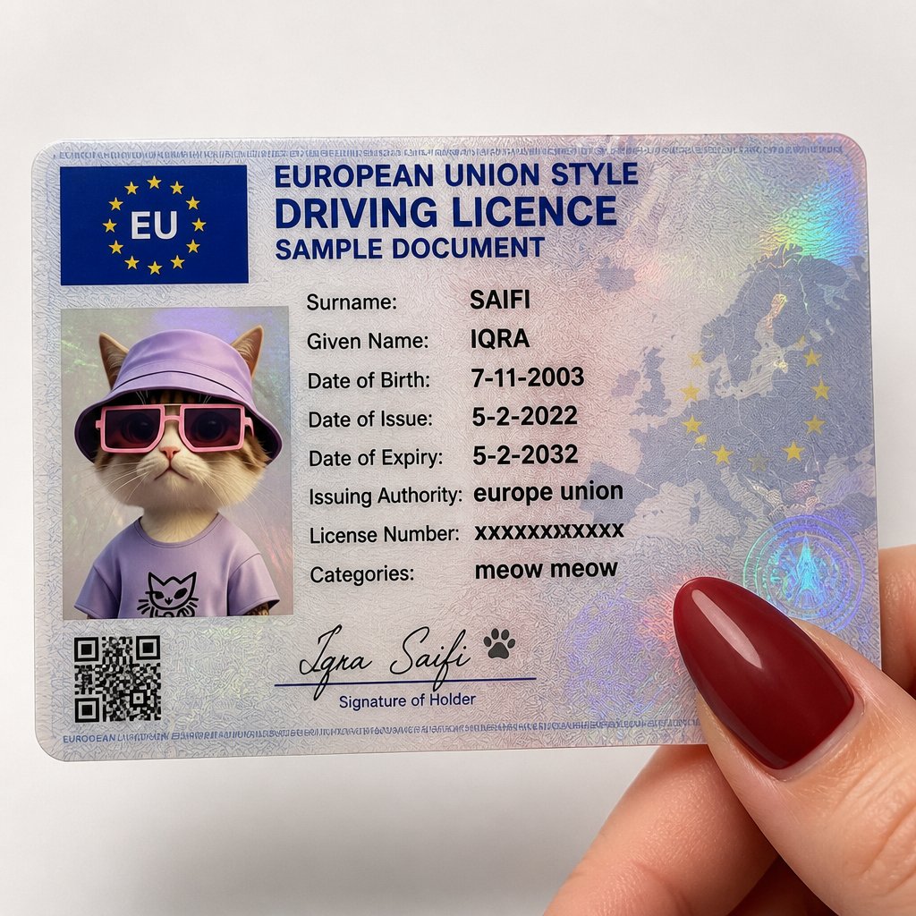 Holographic European license card held by burgundy nail