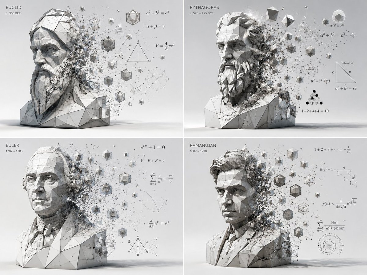 Four mathematicians dissolve into geometric solids in a grid