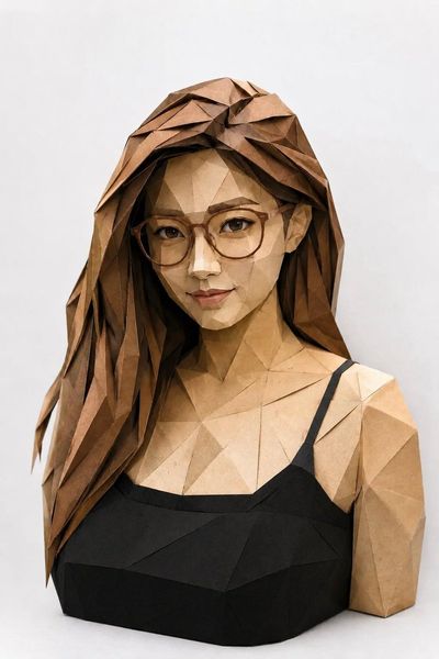 Young man with curly hair wears geometric sunglasses in origami portrait