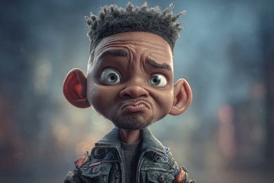 A hyperrealistic baby caricature laughs with oversized features