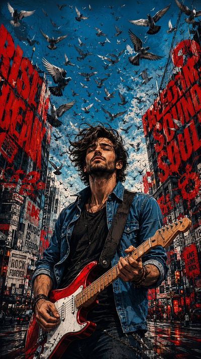 A rock guitarist plays amid giant red typography and doves