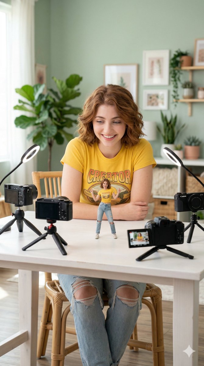 Dual Reality: Content Creator and Her Playful Miniature Twin