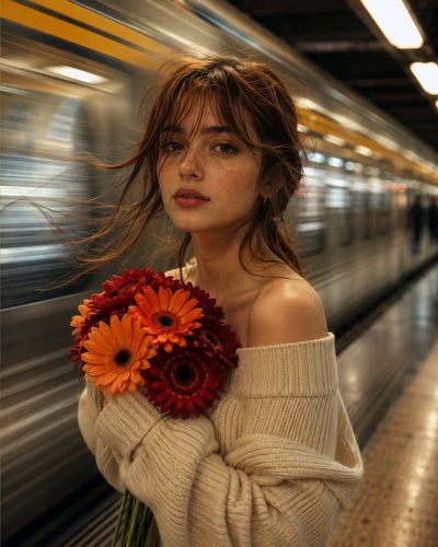 A young woman stands motionless as a subway train blurs past her.