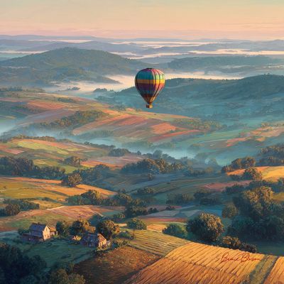 Sunrise Balloon Drift Over Patchwork Fields