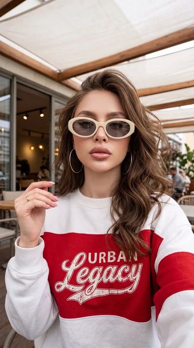 Woman in red sweatshirt gazes confidently through tinted sunglasses