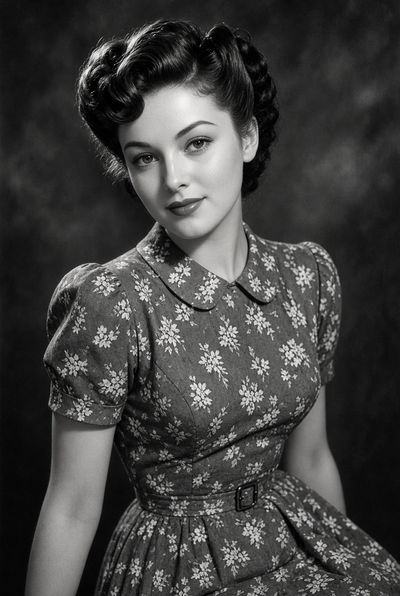 Charming young woman in floral tea dress poses in 1940s studio portrait