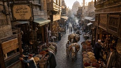 Morning light reveals merchants opening spice shops in Khan El-Khalili