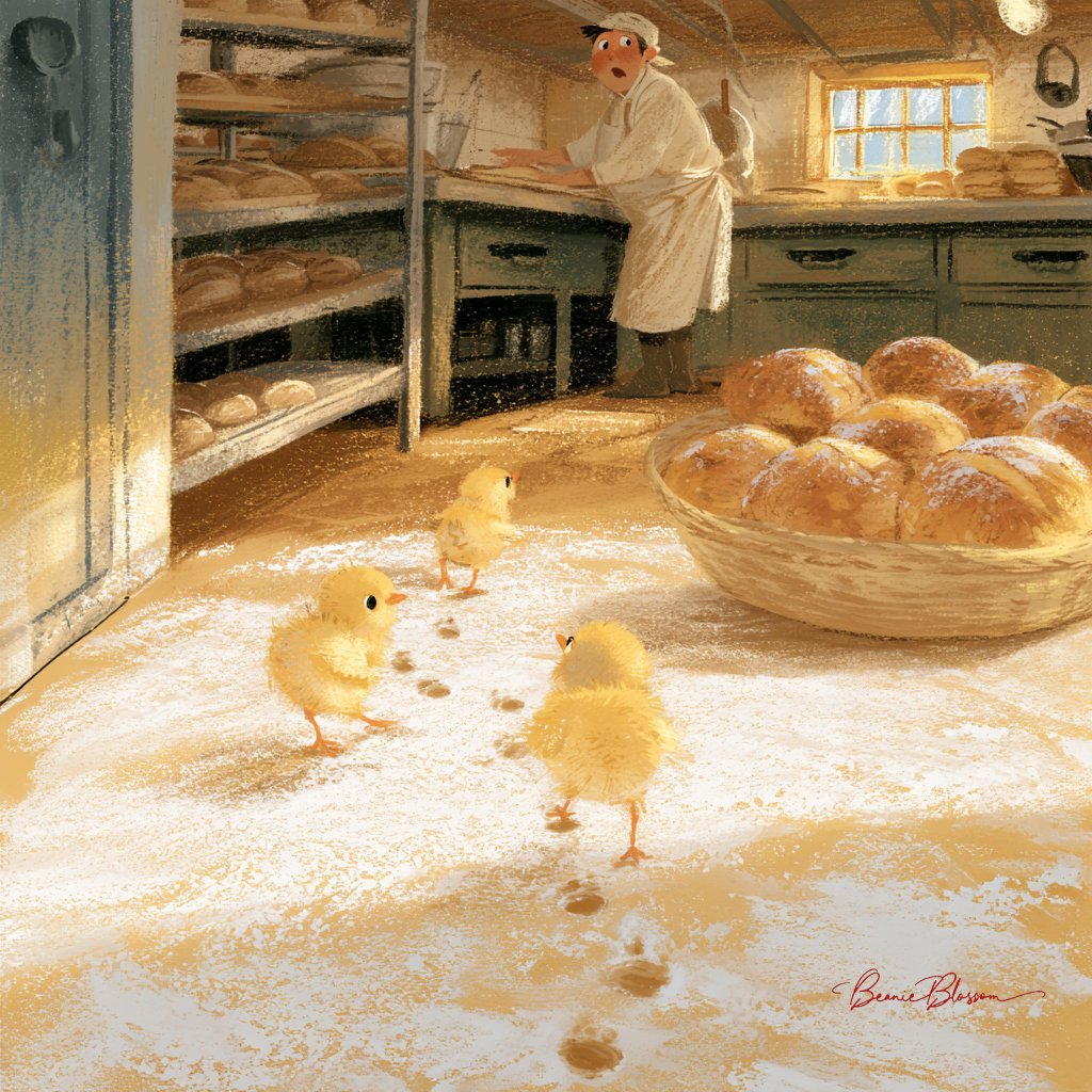 Three Chicks March Across Floury Bakery Kitchen at Dawn