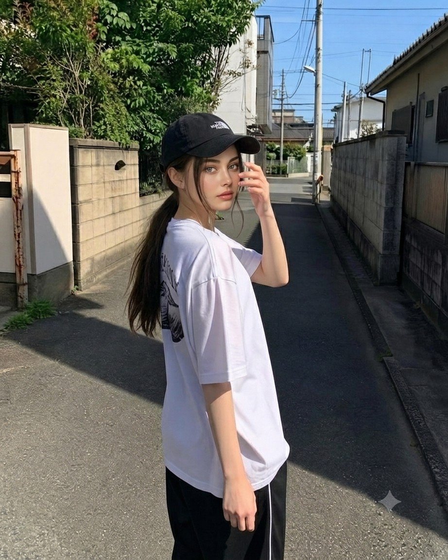 Young woman in cap looks back in a sunny Japanese alley