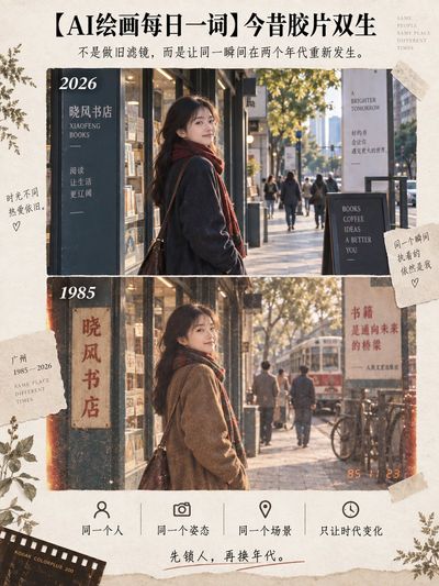 A split-screen portrait bridges 2026 and 1985 with film grain