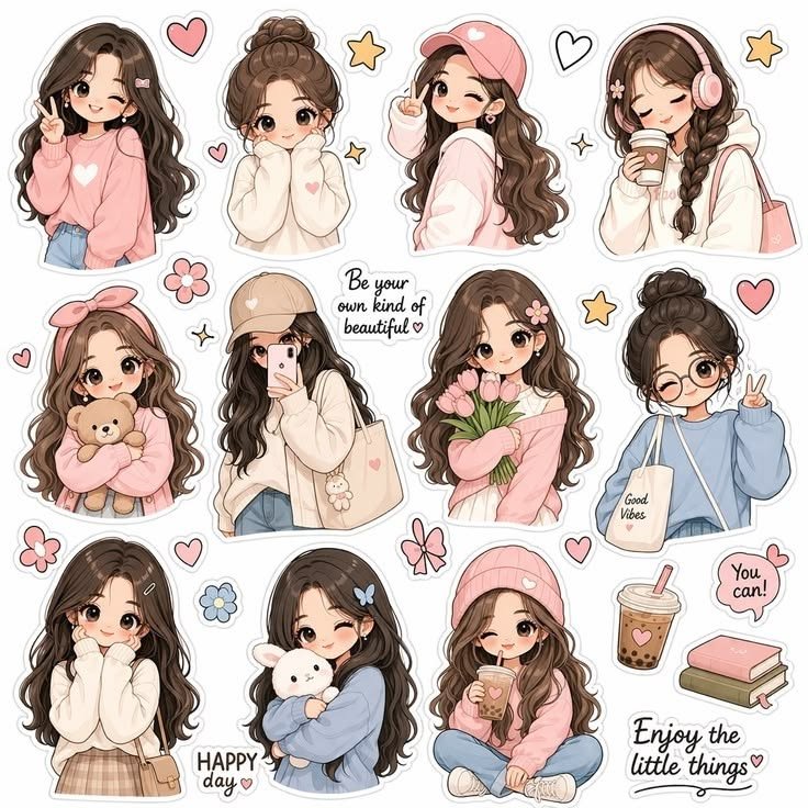 A kawaii sticker sheet transforms the same girl into twelve chibi poses