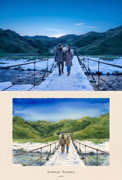 Split Canvas Reveals Couple's Journey Through Hills and River