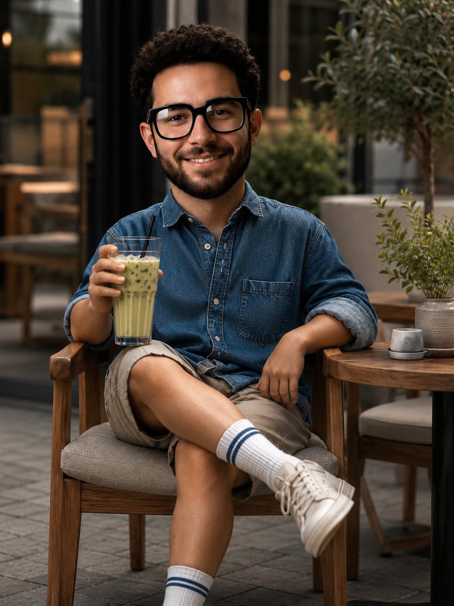 Young man enjoys iced matcha latte at a Scandinavian café