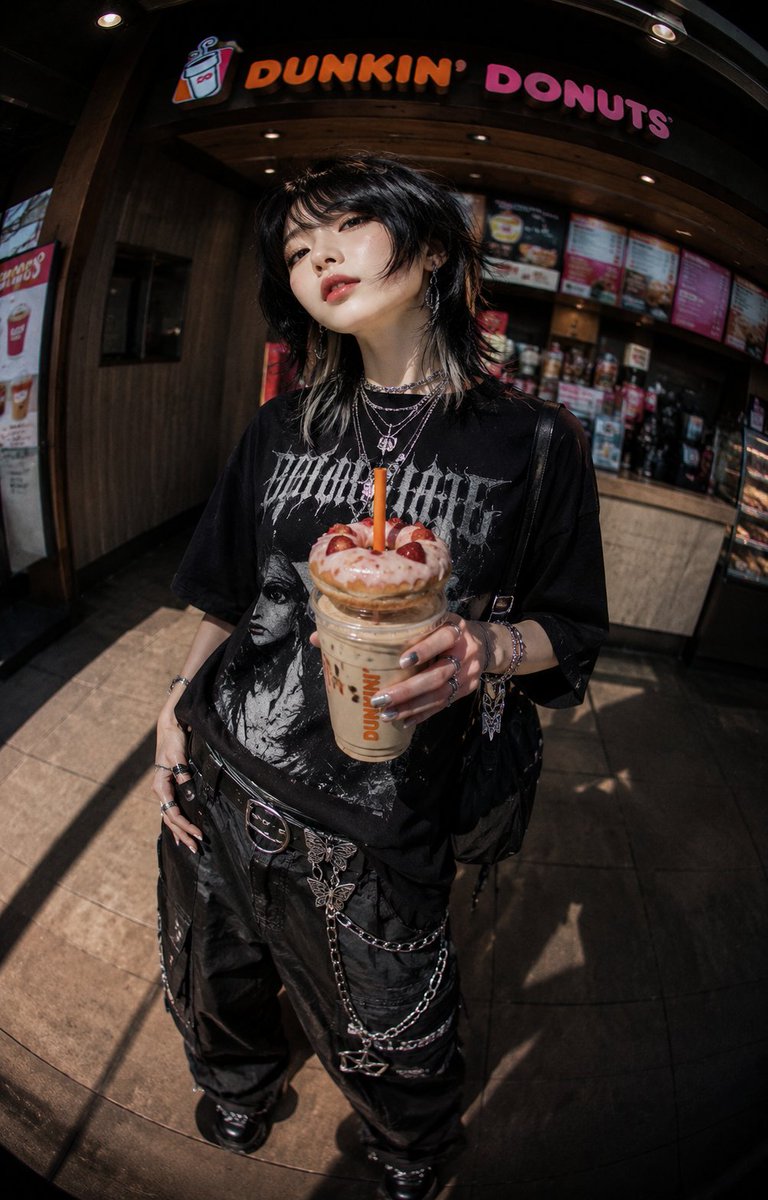 Dunkin donuts streetwear model holds coffee with donut on straw