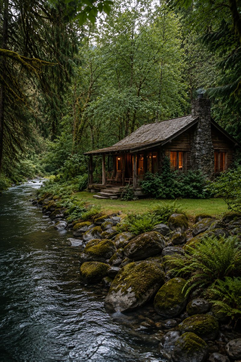 A rustic cabin glows warmly beside a crystal-clear forest river.