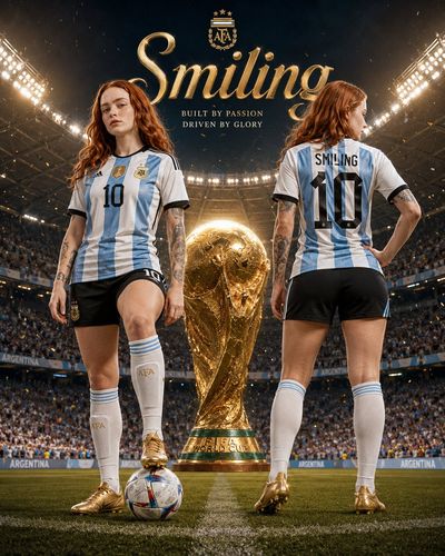 Argentina-inspired jersey model poses with golden boots in stadium