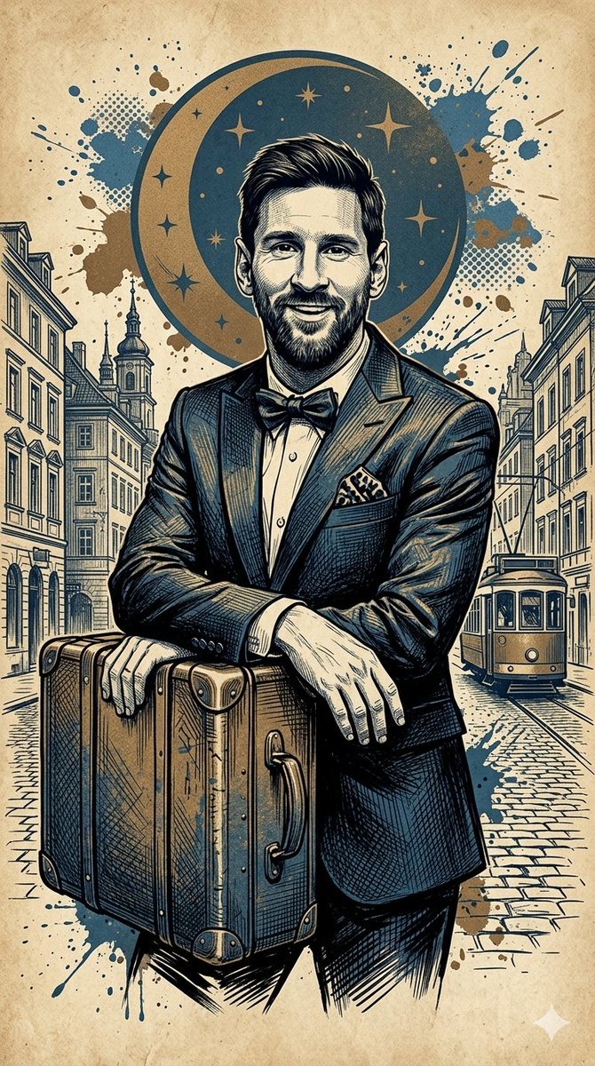 Lionel Messi smiles in vintage European city street portrait