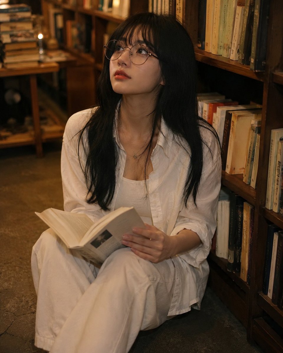 A thoughtful young woman reads beside tall bookshelves in golden light
